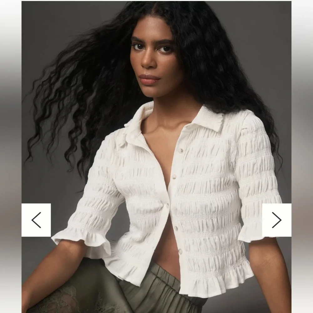 MAEVE Anthropologie Smocked Button Front Top Ivory Natural Cottagecore Chic 2X - Picture 4 of 16